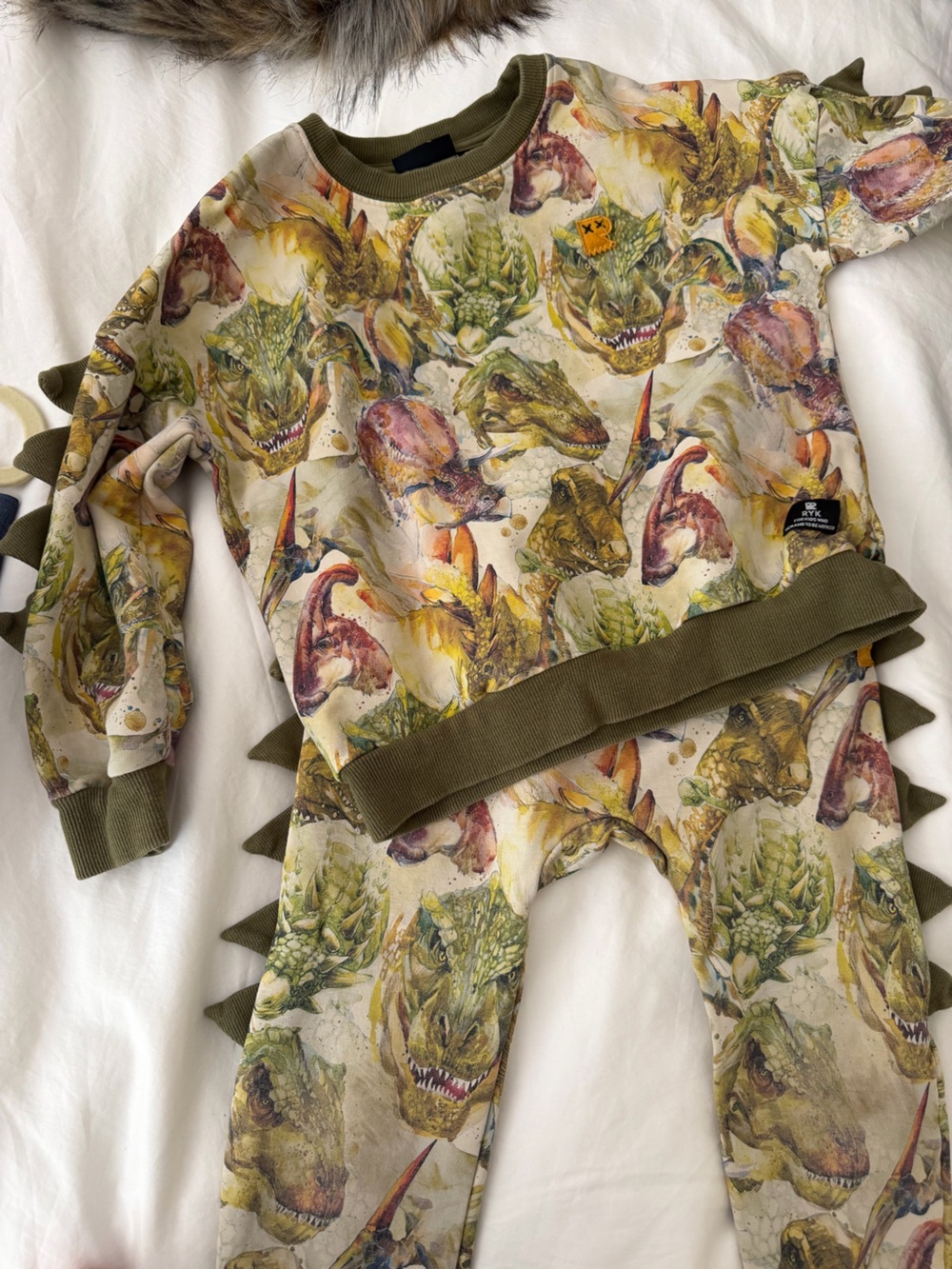 Dinosaur Print sweatsuit with Olive Green Trim